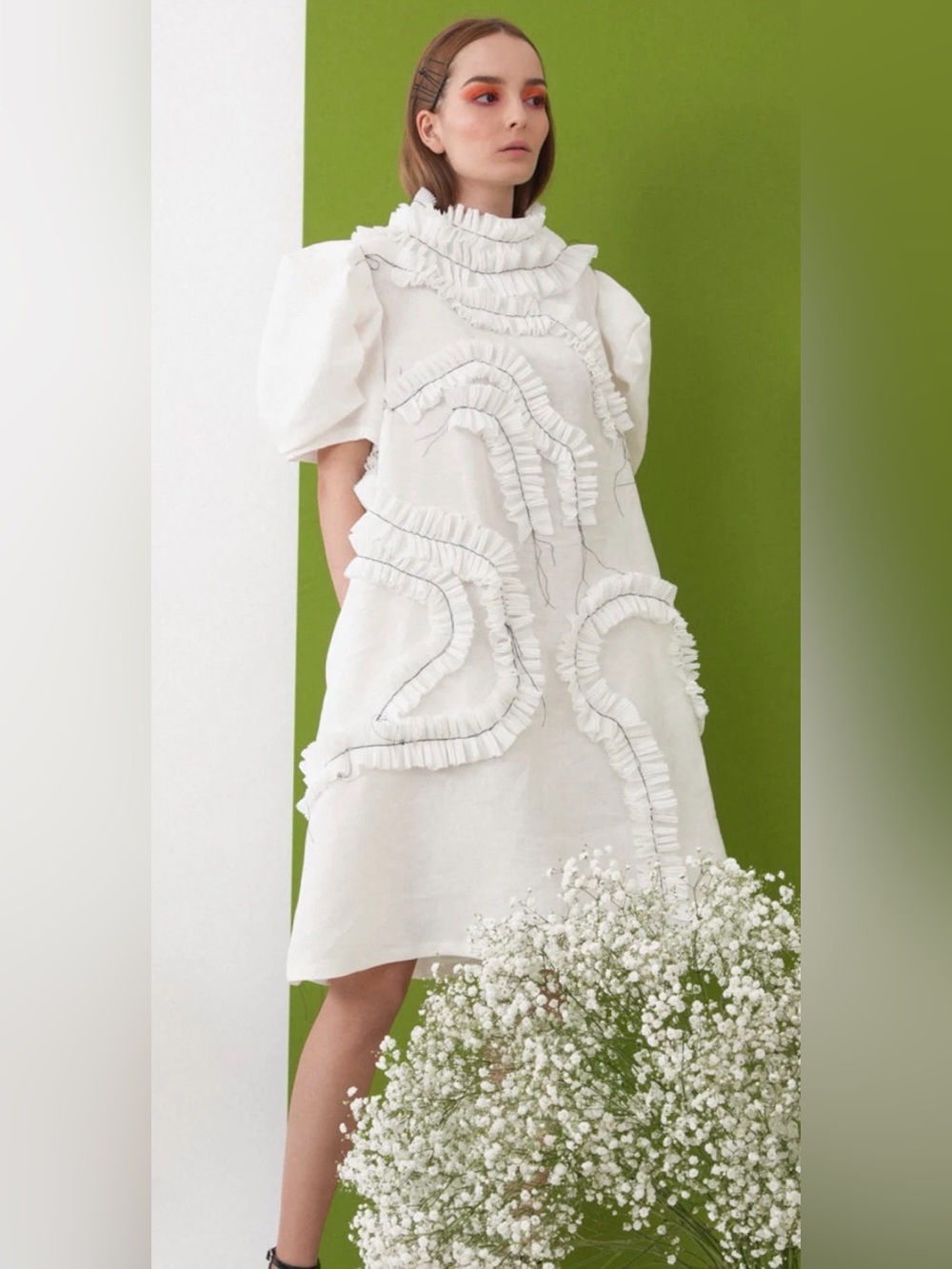 Fasada Linen White Dress With Puff Sleeves / Handmade Frill Unique Dress